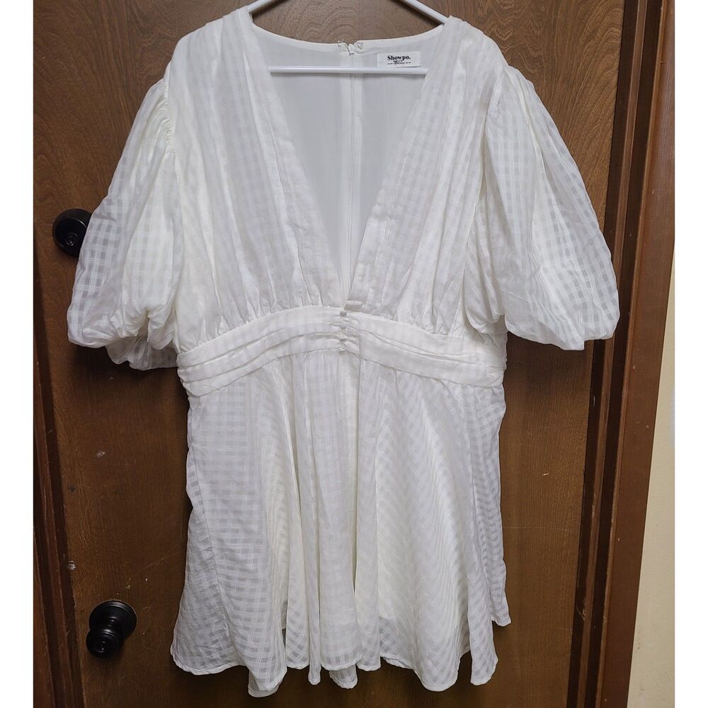 Showpo White Plaid Babydoll Puff Sleeve V-Neck Mini Dress Plus Size US 16